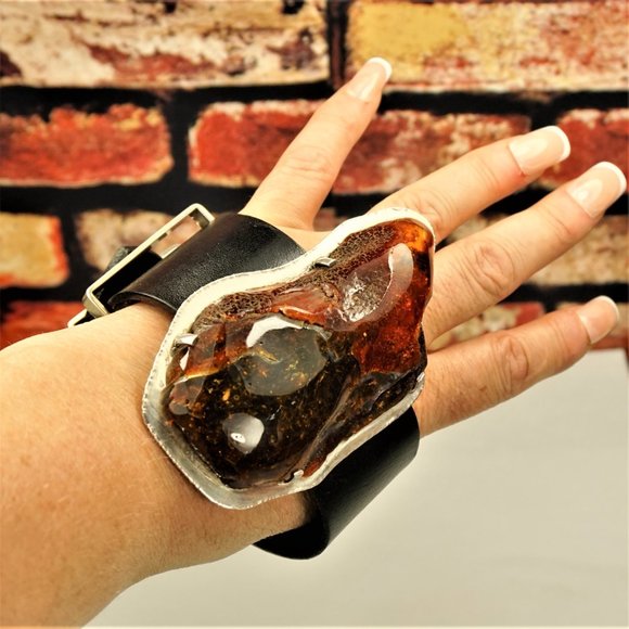 SUPER HUGE AMBER STERLING LEATHER RARE UNISEX BRACELET 9 BY AMBERMODA - Picture 11 of 16